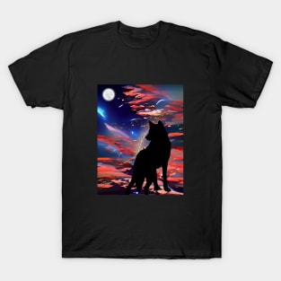 Wolf In Twilight Looking In The Night Sky T-Shirt